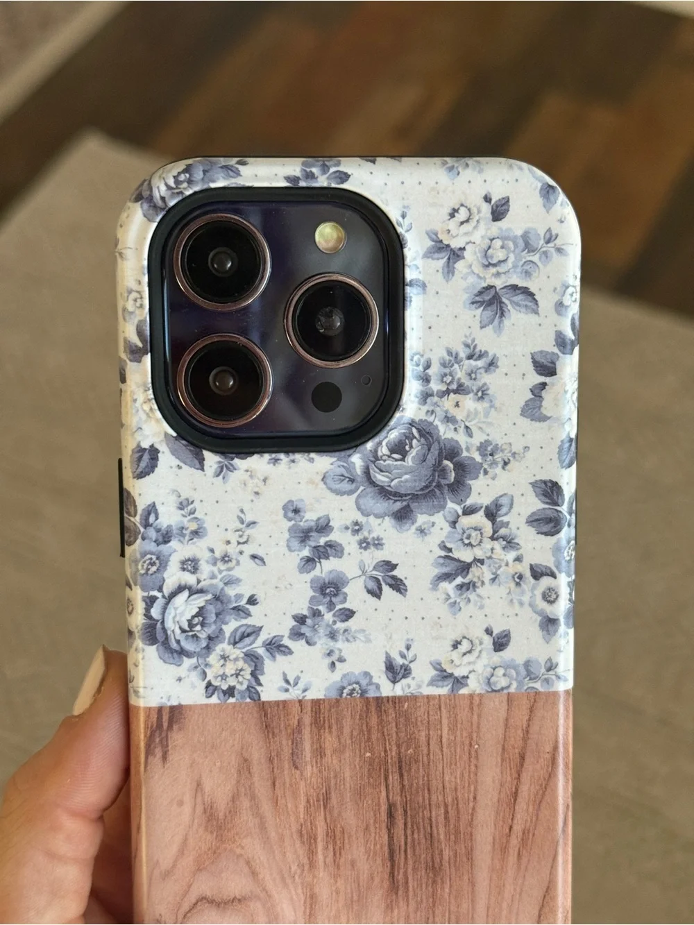 Navy Coquette Floral & Wood-Accent MagSafe iPhone 14 Pro Case (Satin Finish)